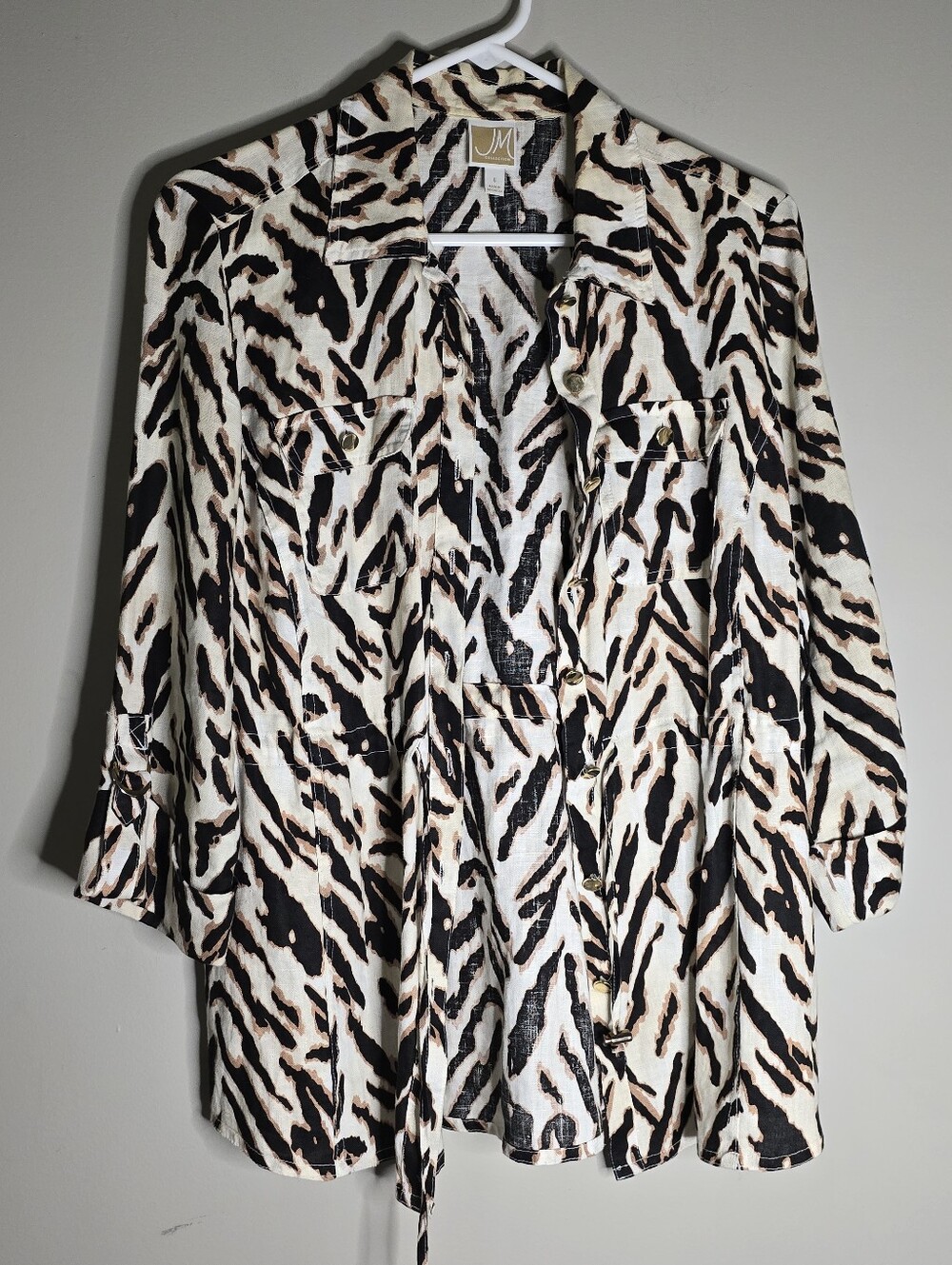 JM Collection Black Cream and Brown Animal-Print Button-Down Shirt, Adjustable W